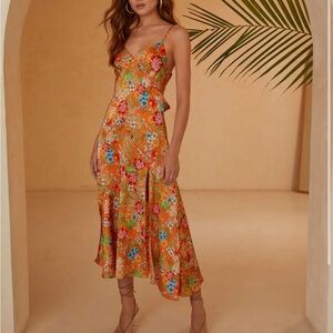 Valora Satin Slip Midi Dress Orange Size Medium